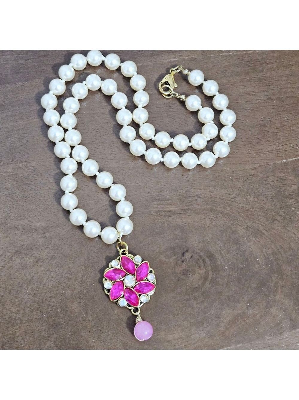 Vintage Rhinestone Flower, Pink Jade Faux Pearl Pendant Necklace